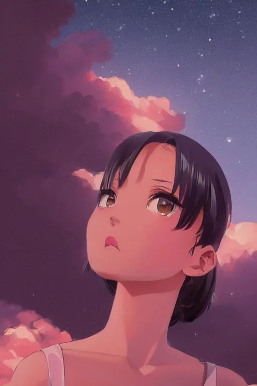 Image similar to a girl looking up at the night sky in awe, full shot, fine - face, realistic shaded perfect body, fine details. night setting. very anime style. realistic shaded lighting poster by ilya kuvshinov katsuhiro, magali villeneuve, artgerm, jeremy lipkin and michael garmash, rob rey and kentaro miura style, trending on art station