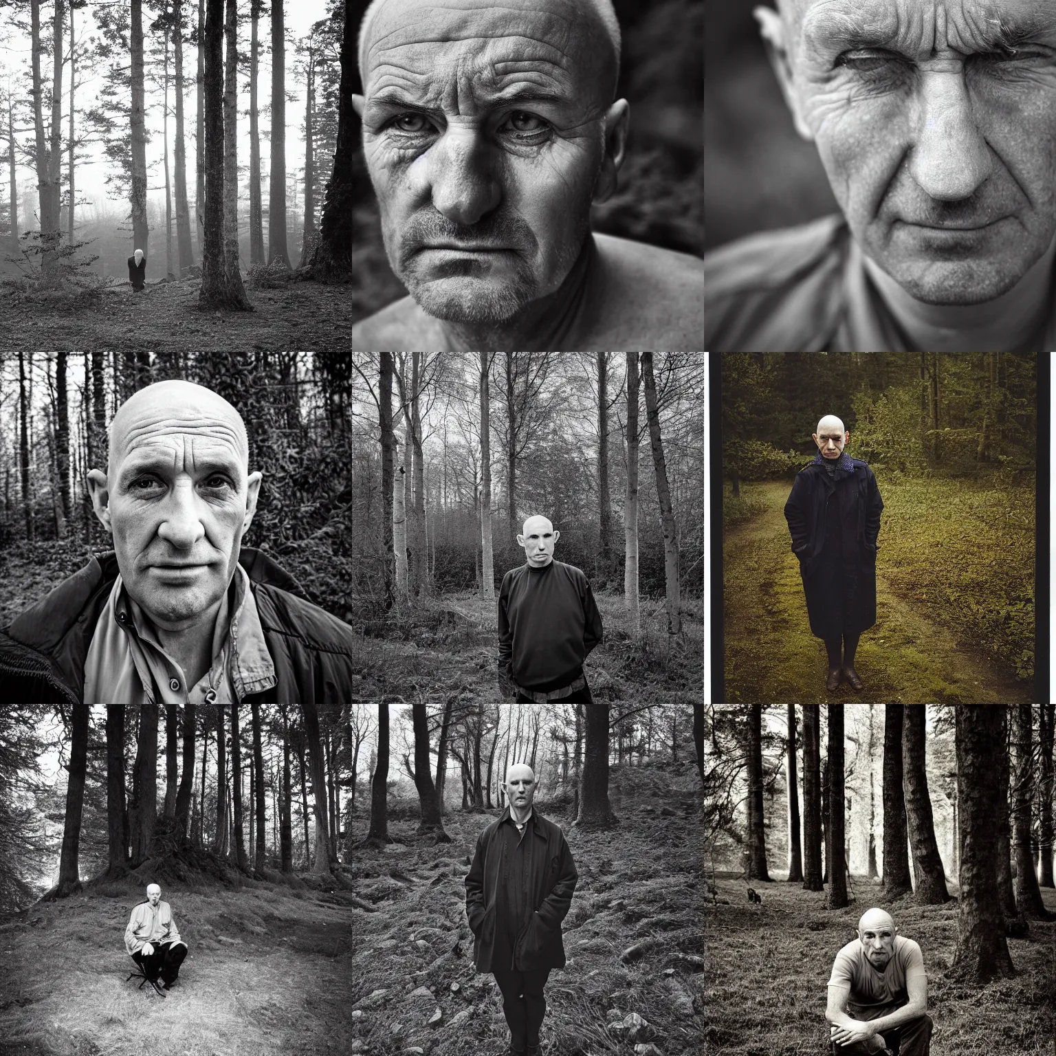 Prompt: A depressed man, British, bald, wrinkles, f2.8, photograph, award-winning, large format, outdoor, near a forest, dramatic