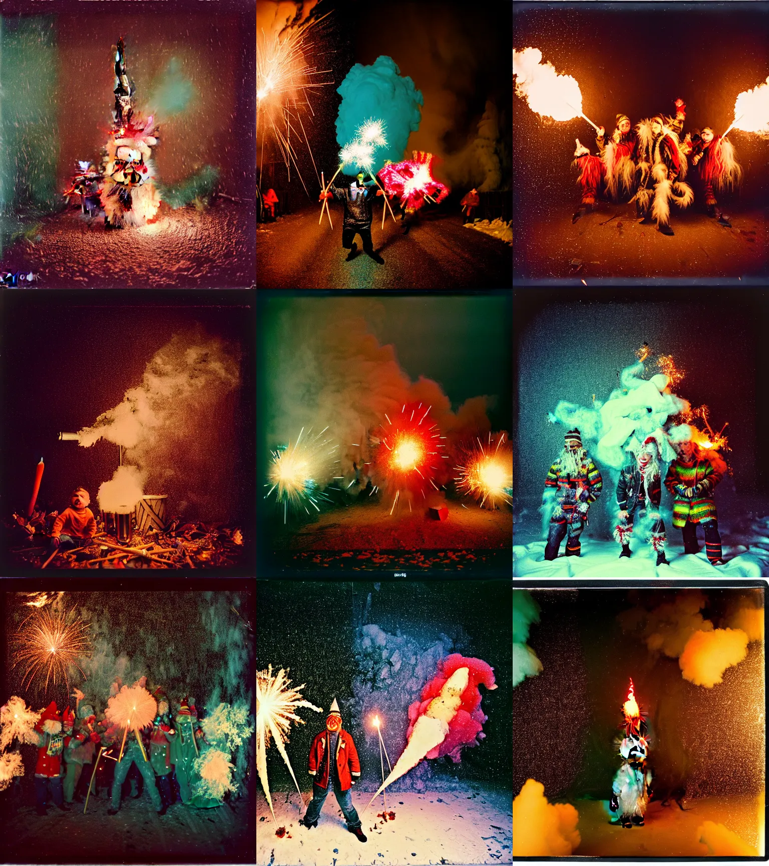 Image similar to kodak portra 4 0 0, wetplate, winter, snowflakes, rainbow coloured rockets, chaos, glitter tornados, award winning dynamic photo of a bunch of hazardous krampus between exploding fire barrels by robert capas, motion blur, in a small pantry at night with colourful pyro fireworks and torches, teal lights