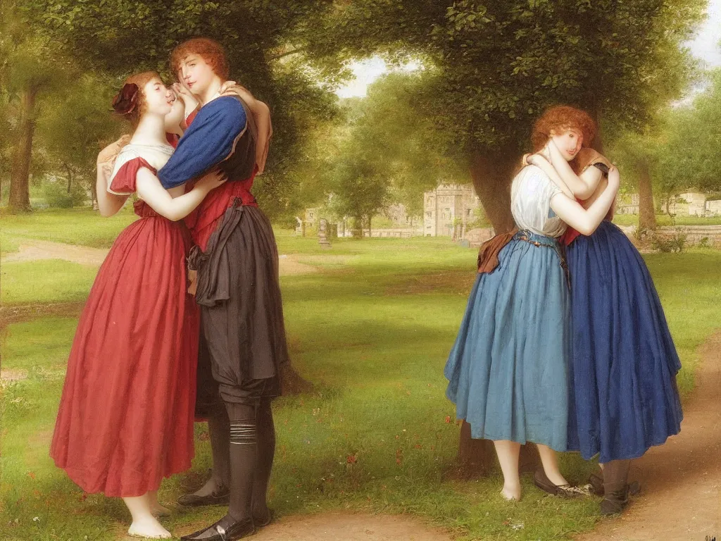 Prompt: a shy young couple have a secret rendezvous in a park : : springtime, in the style of edmund blair leighton