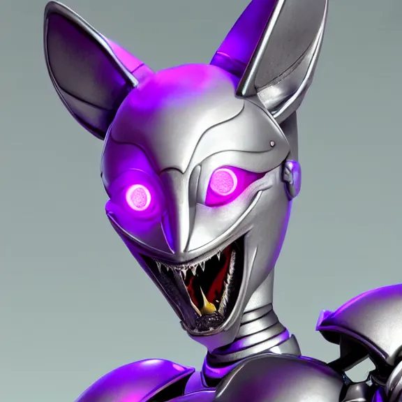 Image similar to high quality close up headshot of a cute beautiful stunning robot anthropomorphic female dragon with metal cat ears, with sleek silver metal armor, purple flesh, glowing LED eyes, facing the camera, high quality maw open and about to eat you, you being dragon food, the open maw being detailed and soft, sharp teeth, soft lulling tongue, highly detailed digital art, furry art, anthro art, sci fi, warframe art, destiny art, high quality, 3D realistic, dragon mawshot, maw art, furry mawshot, macro art, dragon art, Furaffinity, Deviantart