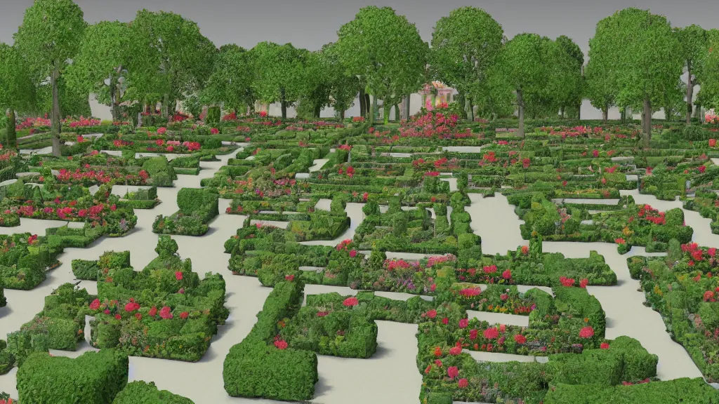 Image similar to versailles garden in an early 3 d low polygon style