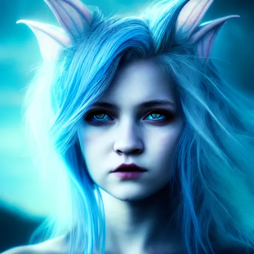 Image similar to The dragon girl portrait, portrait of young girl half dragon half human, dragon girl, dragon skin, dragon eyes, dragon crown, blue hair, long hair, highly detailed, cinematic lighting, Matte painting by David Lynch