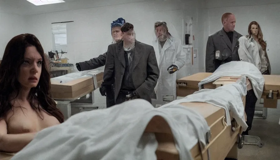 Image similar to Big budget horror movie about a mortuary, there are coffins, and cyborgs are cutting up human bodies