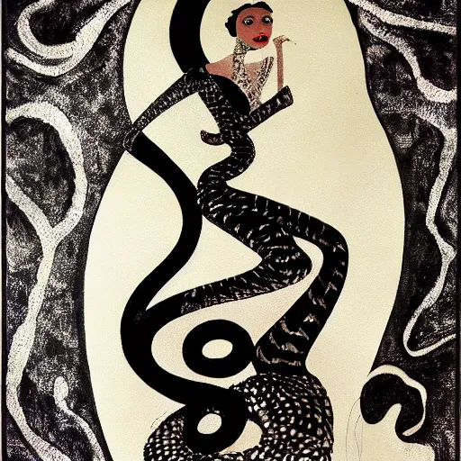 Prompt: josephine baker with snake skirt, intricate detail, painting, jazz age, miro, klimt, royo, frazetta, whealan,