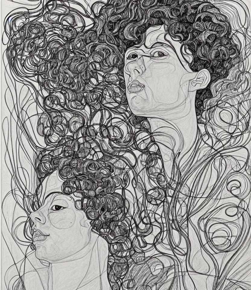 Prompt: detailed line art portrait of hang williams, inspired by egon schiele. contour lines, musicality, twirls, curls, curves, confident personality