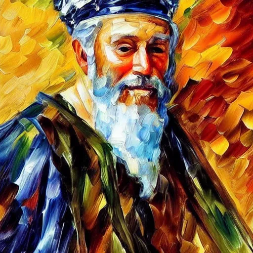 Image similar to portrait of a very very old, olive skinned king witha very long white beard and blue crown by leonid afremov