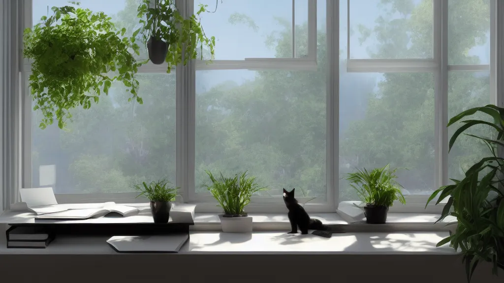 Prompt: peaceful dreamy painting of a sitting at a desk with a black cat, sunshine coming through the window, small plants on the window sill, 8k, hyper realism, trending on artstation, octane render