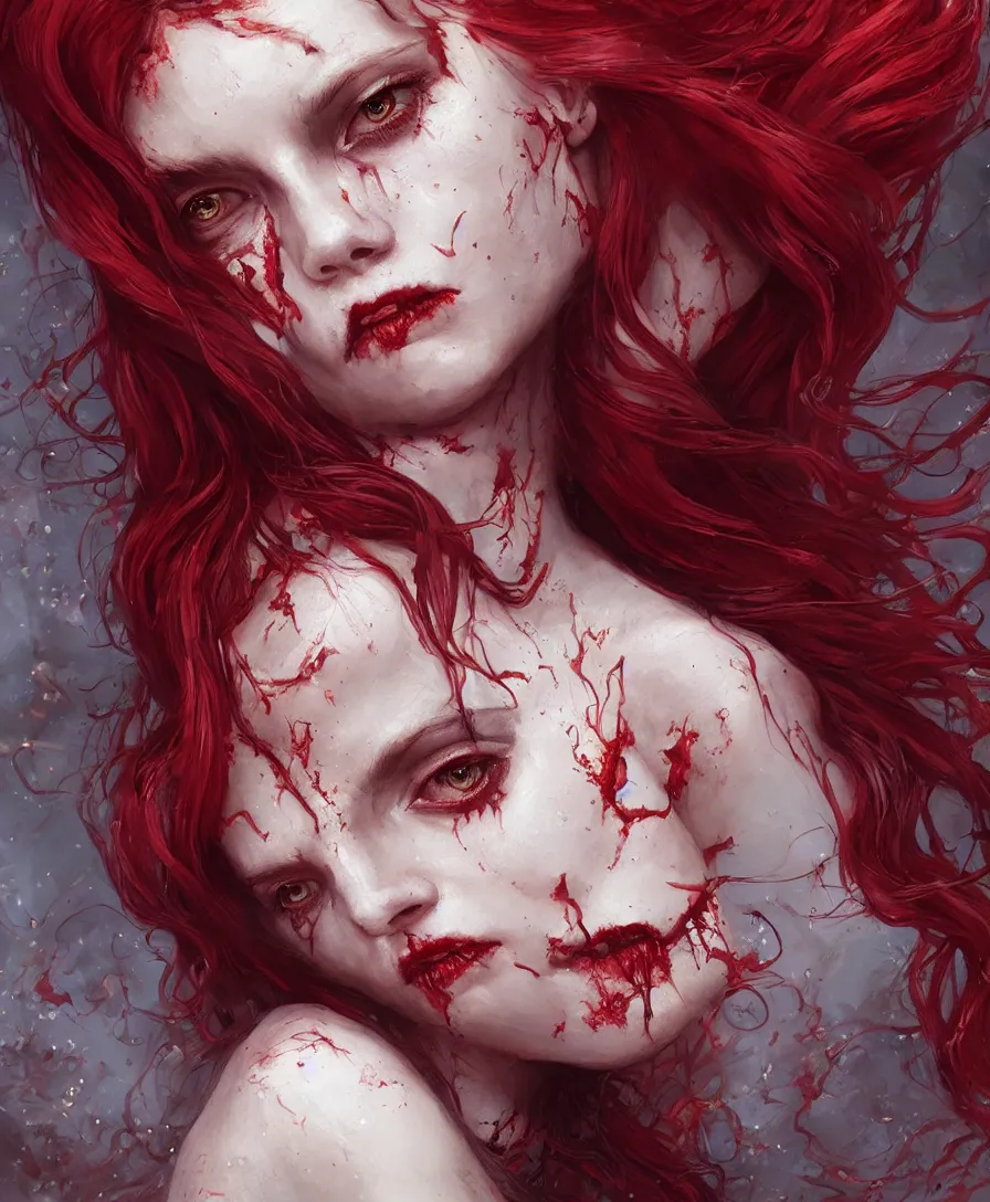 Image similar to Close-up portrait of zombie mermaid young woman with red hair, alone, D&D, fantasy, intricate, elegant, highly detailed, digital painting, trending artstation, concept art, smooth, sharp focus, illustration, art by Greg Rutkowski