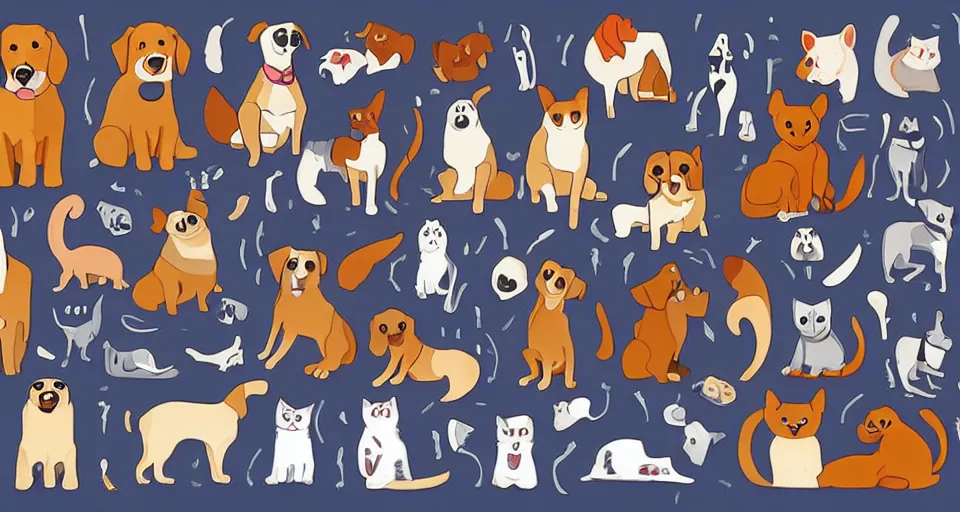 Image similar to a knolling of cartoon illustrations of dogs and cat, wimmelbuilder, superflat pop