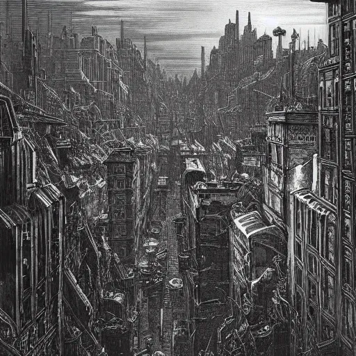 Image similar to dieselpunk city drawn by gustave dore