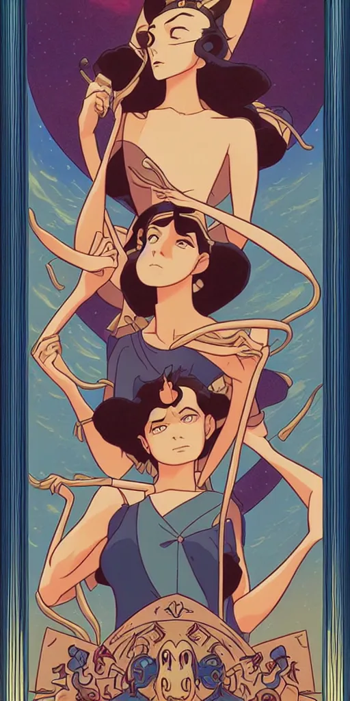 Image similar to the temperance tarot card with an art deco boarder, high quality, digital painting, by don bluth and ross tran and studio ghibli artgerm