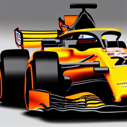 Image similar to hybrid design between McLaren MCL34 F1 car and Ford Mustang. No background, concept art style.