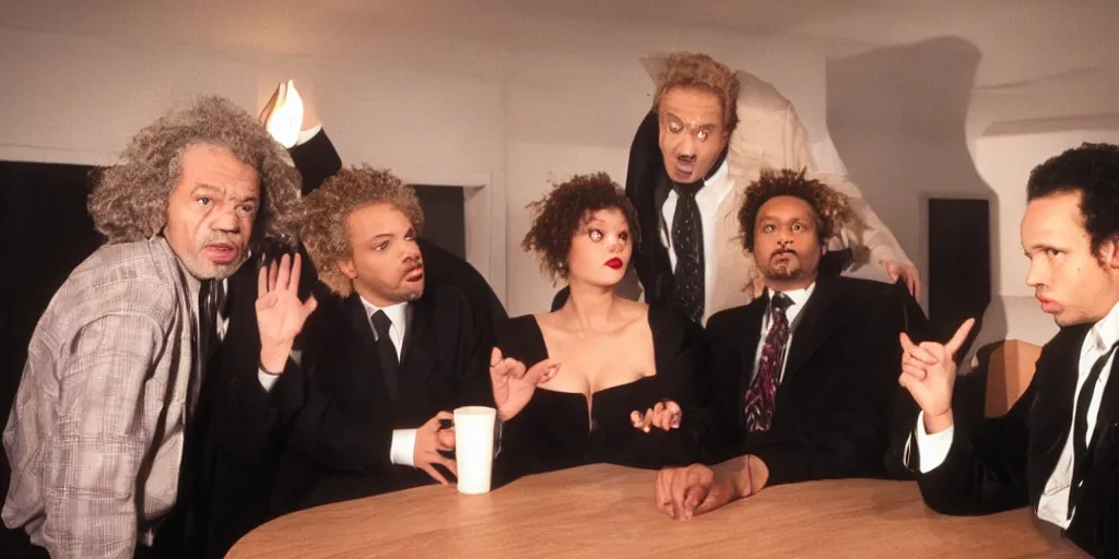 Image similar to Alan Sugar laura palmer and eric andre in the black lodge from twin peaks, strange, creepy