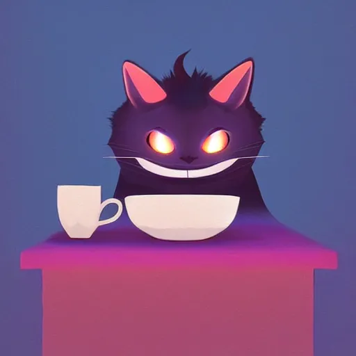 Image similar to cheshire cat drinking tea, in the style of atey ghailan and james gilleard and goro fujita, exquisite lighting, art, very coherent, trending on artstation