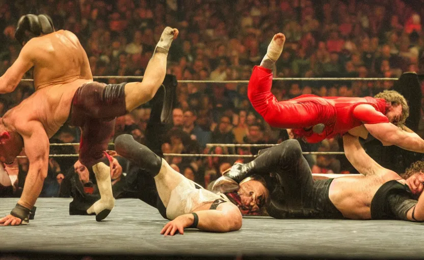 Image similar to the photo of Karl Marx as a wrestler suplexing Friedrich Nietsche, 2014 WWE championship match, sports photo, highly detailed, Canon EOS 5D Mark 2, ƒ/5.6, focal length: 160.0 mm, Exposure time: 1/160, ISO: 1600