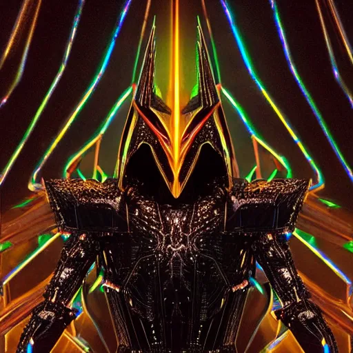 Prompt: “Powerful dark sleek humanoid being wearing iridescent shimmering cosmic armor of Sauron made of circuit boards (Epic scene, rich atmosphere, octane render, full body portrait)”