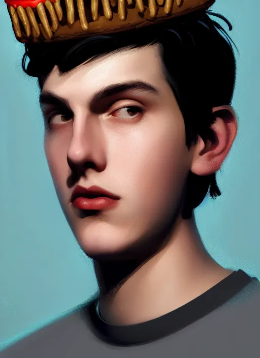 Image similar to portrait of teenage jughead jones wearing a light grey crown, crown, hamburger background, eyes closed, crown, black hair, intricate, elegant, glowing lights, warm lighting, highly detailed, digital painting, artstation, concept art, smooth, sharp focus, illustration, art by wlop, mars ravelo and greg rutkowski