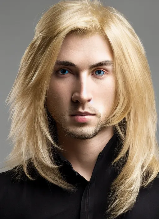 Image similar to portrait of a blond handsome man with long hair, anime inspired, High Res 8K,hyperdetailed