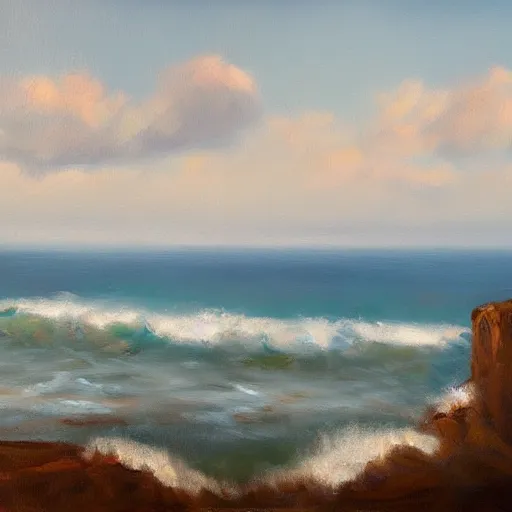 Image similar to ranch by a windy ocean cliff aesthetic, oil painting, pale colors, high detail, 8 k, wide angle, trending on artstation,