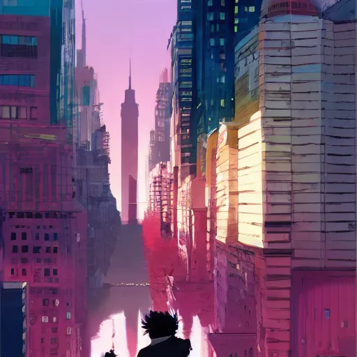 Prompt: damian wayne with pink haired friend, city landscape, gotham, artstation, highly detailed, by makoto shinkai and thomas kindle and james gilleard