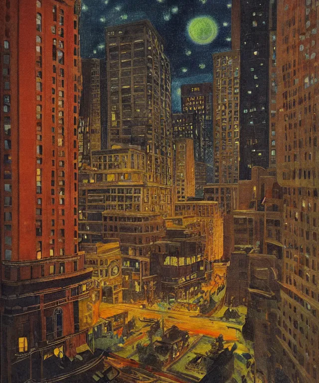 Image similar to horrifying full color photorealistic painting of the view of a warped downtown 1 9 2 5 boston at night with a cosmic sky viewed from a hotel balcony, dark, atmospheric, brooding, smooth, finely detailed, cinematic, epic, in the style of paul carrick