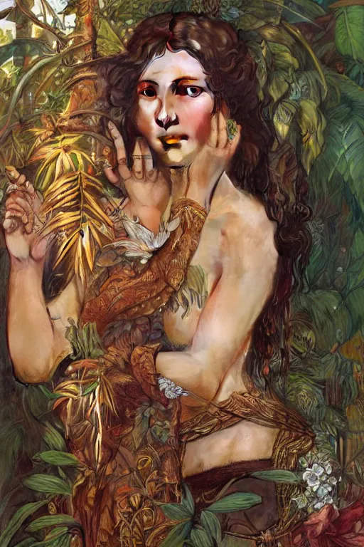 Image similar to ultra realistic illustration, bohemian animal in jungle, staring directly into camera, intricate, elegant, highly detailed, digital painting, artstation, concept art, smooth, sharp focus, illustration, art by artgerm and greg rutkowski and alphonse mucha