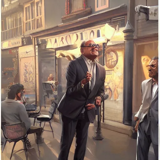 Prompt: portrait of tall indian man in a suit arguing with danny devito outside a bar, elegant, real life skin, intricate artwork, high detailed, artstation, concept art, smooth, sharp focus, art by artgerm and greg rutkowski