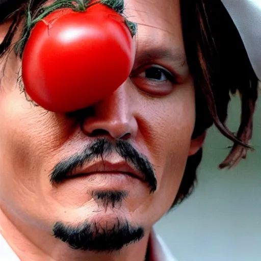 Image similar to johnny depp as a tomato, battles for his life