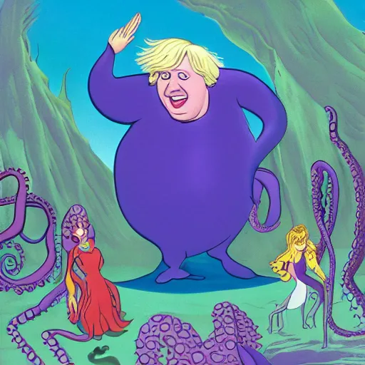 Image similar to ( boris johnson ) as ursula the sea witch, 1 9 8 9 disney, cartoon, octopus, dark purple