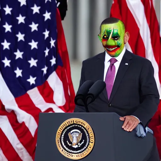 Prompt: president with clown makeup in a podium as the puppet of a human shadow