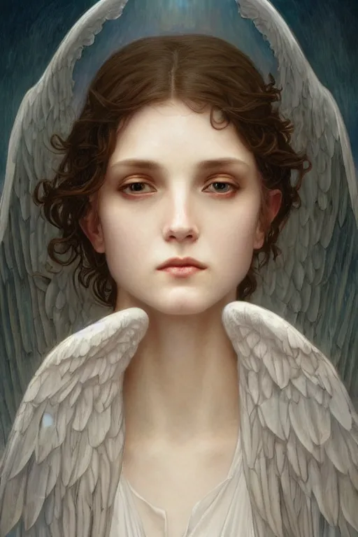 Image similar to Portrait of beautiful pale demonic biblical girl with angelic wings with multiple eyes on them, cinematic lighting, intricate, elegant, highly detailed, digital painting, artstation, smooth, sharp focus, illustration, art by artgerm and greg rutkowski and alphonse mucha and Wayne Barlowe and william-adolphe bouguereau