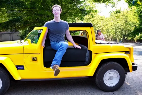 Image similar to a full shot of mark zuckerberg laying on the hood of a yellow jeep in someone's driveway
