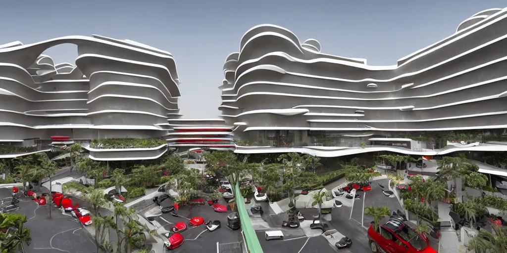 Image similar to extremely beautiful architecture photo of a luxury hotel complex in lagos nigeria in the style of rem koolhaas and virgil abloh with red black and white accents, green plants, zaha hadid, postmodern, clean, the structure is angular and geometric, beautiful, award winning architecture, extremely beautiful lighting, cinematic composition, modern, render, architectural, architecture, realistic, clear