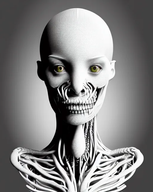 Image similar to a black and white 3D render of a young beautiful female queen-dragon-cyborg bust with a very long neck and a Mandelbrot fractal face, anatomical, flesh, facial muscles, veins, arteries, full frame, microscopic, elegant, highly detailed, flesh ornate, cable wires, elegant, high fashion, rim light, octane render, in the style of H.R. Giger and Man Ray, Realistic, Refined, Digital Art, Highly Detailed, Cinematic Lighting, rim light, black and white, photo-realistic, 8K