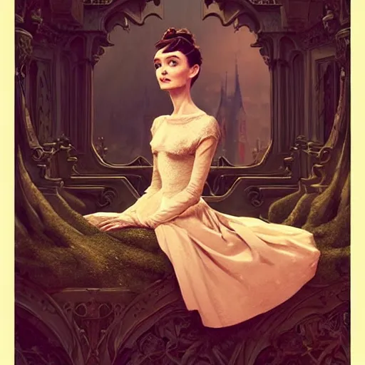 Prompt: audrey hepburn in an epic victorian novel, inside an ornate castle, intricate, elegant, highly detailed, digital painting, artstation, matte, illustration, art by artgerm, greg rutkowski, loish, rhads, ferdinand knab, makoto shinkai, lois van baarle, ilya kuvshinov, rossdraws, tom bagshaw