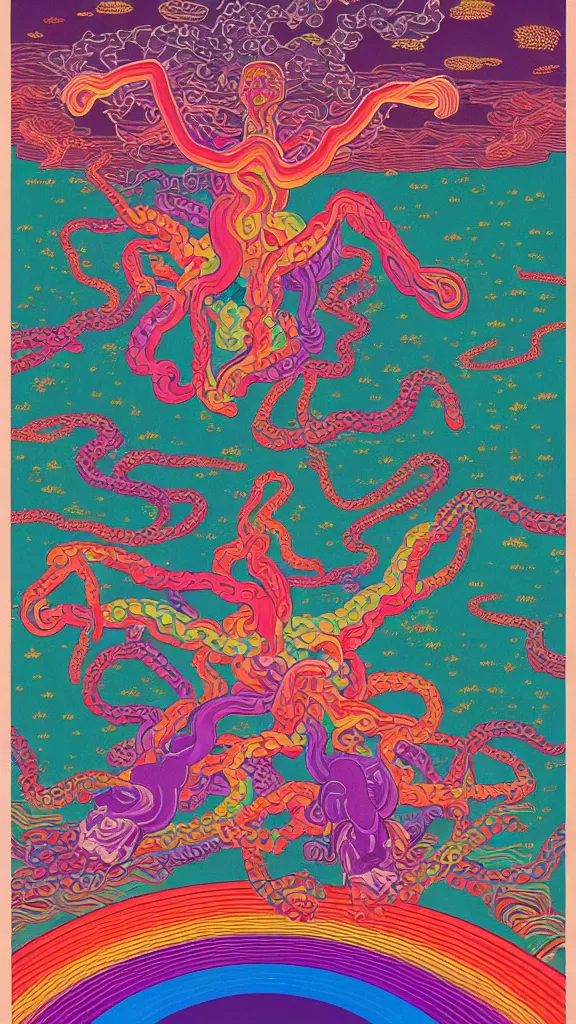 Image similar to a portrait of a lernaean hydra with human heads and psychedelic arms on an acid trip in a multicoloured rainbow in the cosmos, flat design, screen print by Kawase Hasui and alex grey, 8k unreal engine