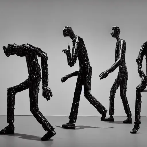 Prompt: a contemporary art sculpture of 5 tall man running with long arm and a big head, in the style of cesar baldaccini, tinguely, arman, medium shot, busy, made of intricate metal piece, thick paint, intricate, dirty, leds, indoor, studio lighting, hyper realistic, detailed, 8 k