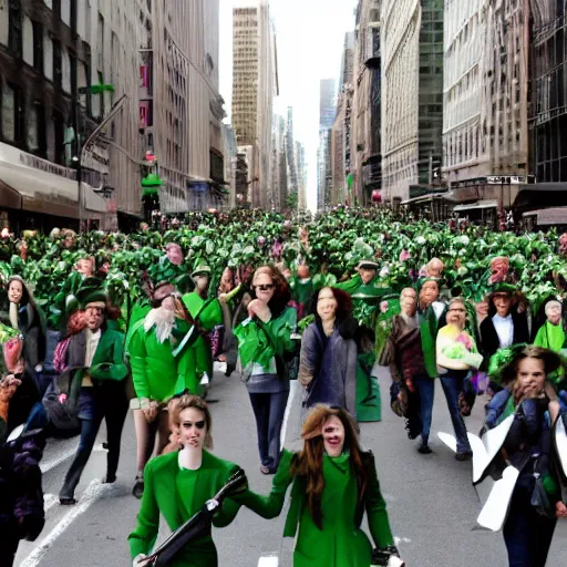 Image similar to a parade of avocados you marching down 5 th ave manhattan on st. patrick's day being lead by emma watson, 8 k, photo realistic, extremely life like