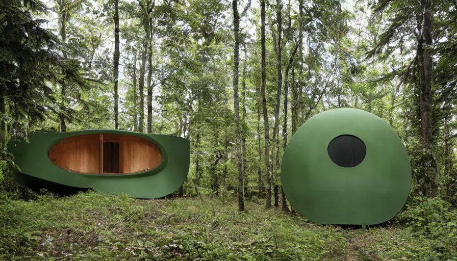 Image similar to A unique innovative sea ranch style creative cabin in a lush green forest with soft rounded corners and angles, 3D printed line texture, made of cement, connected by sidewalks, public space, and a park, Design and style by Zaha Hadid, Wes Anderson and Gucci