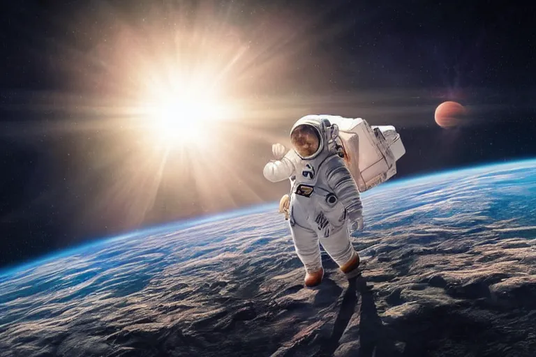 Prompt: still fullbody photo of sad albert einstein in spacesuit in space, flying island at background, flat earth on elephants and turtle at background, highly detailed, photorealistic shot, bright studio setting, studio lighting, crisp quality and light reflections, unreal engine 5 quality render