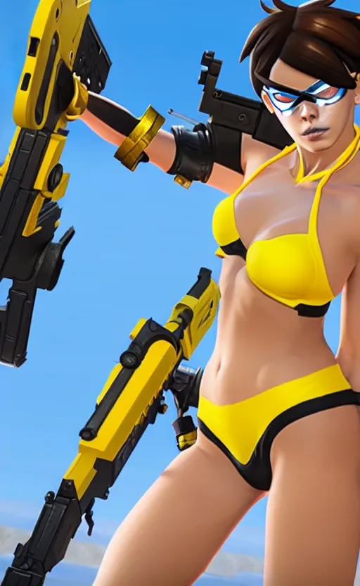 Image similar to tracer game character, in yellow bikini, blonde hair, black eyes, full height