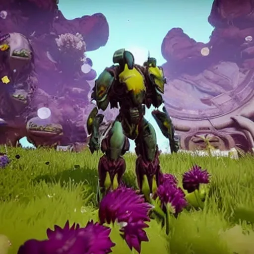 Image similar to corrupted sentinel enjoying picking up flower on infested planet