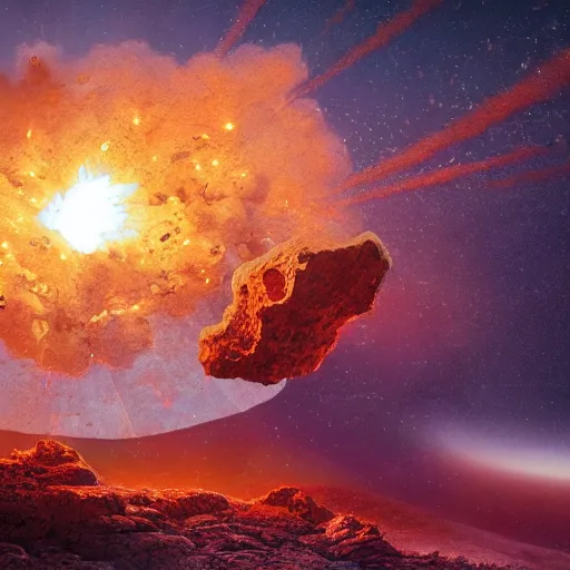 Prompt: Digital art of a meteorite containing an insect hive burning up in the atmosphere, Wayne Barlowe, Mike Winkelmann, Jessica Rossier 4k prehistoric geology space hubble start nebula