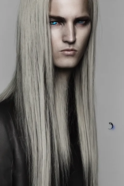 Image similar to photo quality, 8 k, rick owens, high fashion, blonde long haired model, ex machina