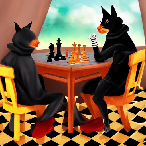Image similar to death in a black hoodie plays chess with a ginger cat at a table on a sunny veranda, artstation