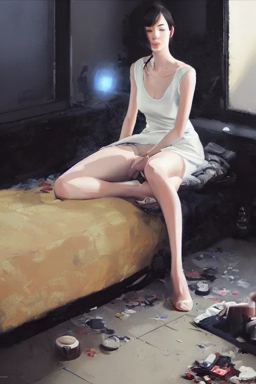 Image similar to A ultradetailed beautiful portrait panting of a stylish woman sitting on the ground of a messy apartment, Oil painting, by Ilya Kuvshinov, Greg Rutkowski and Makoto Shinkai