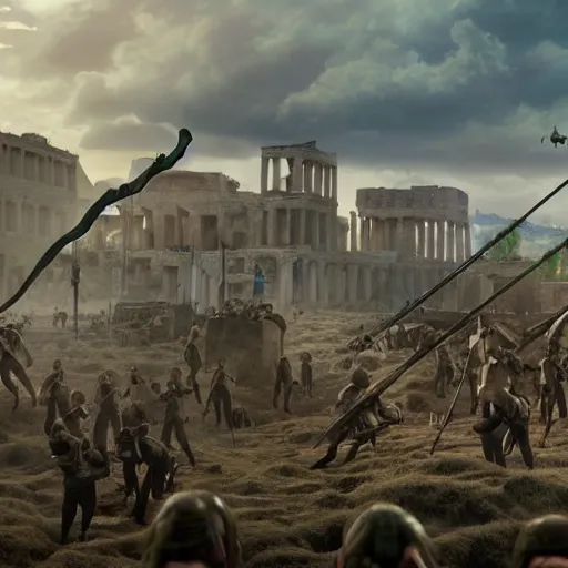 Prompt: Still from Attack On Titan Pixar Movie Titan invasion of Ancient Athens, intricate, 8k highly professionally detailed, HDR, CGsociety