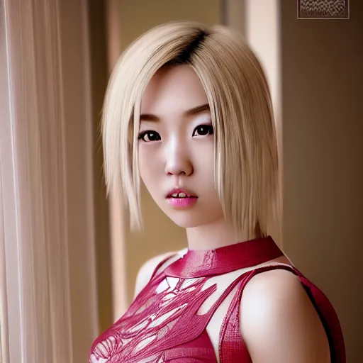 Image similar to portrait of a asian girl with blonde hair, in a fancy mansion, young cute beautiful face, wearing a expensive dress, detailed, 8 k, epic, charming, character, octane rendering, hyper realistic