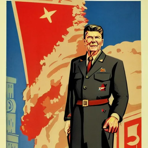 Prompt: communist propaganda poster portraying Ronald Reagan wearing a soviet officer uniform, 8k, very intricate, very detailed, inspiring,
